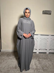 Grey Pockets Abaya With In Built Scarf