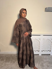 Printed brown 3 piece Emirati Abaya- Rawiyah