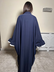 Navy Flower Cuff Open Abaya