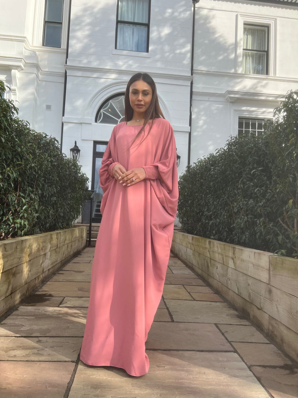 Butterfly Abaya with ruched sleeves Pink