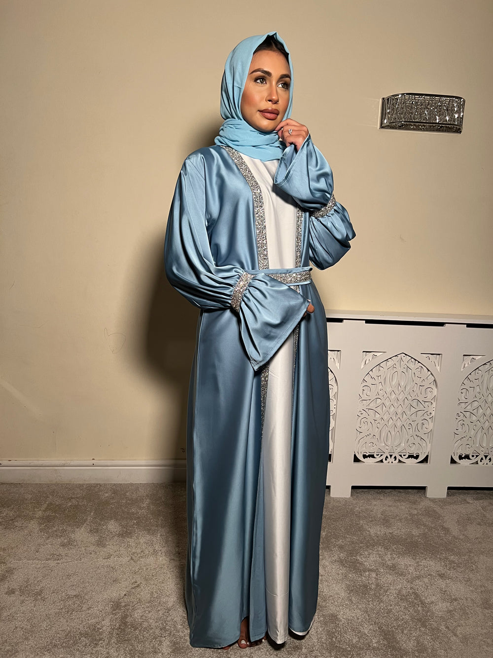 Embellished blue 3 piece Emirati Abaya- Amira