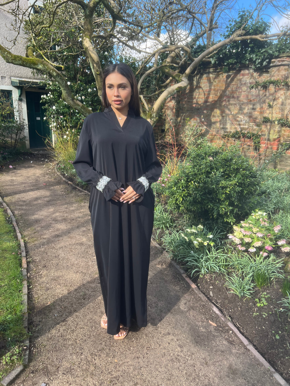 Black Embellished Abaya Dress with pockets