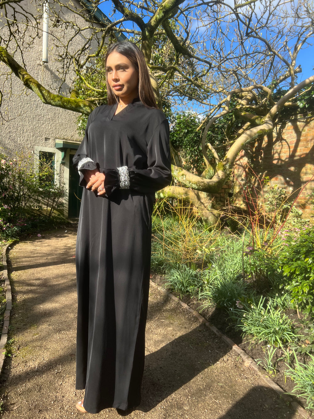 Black Embellished Abaya Dress with pockets