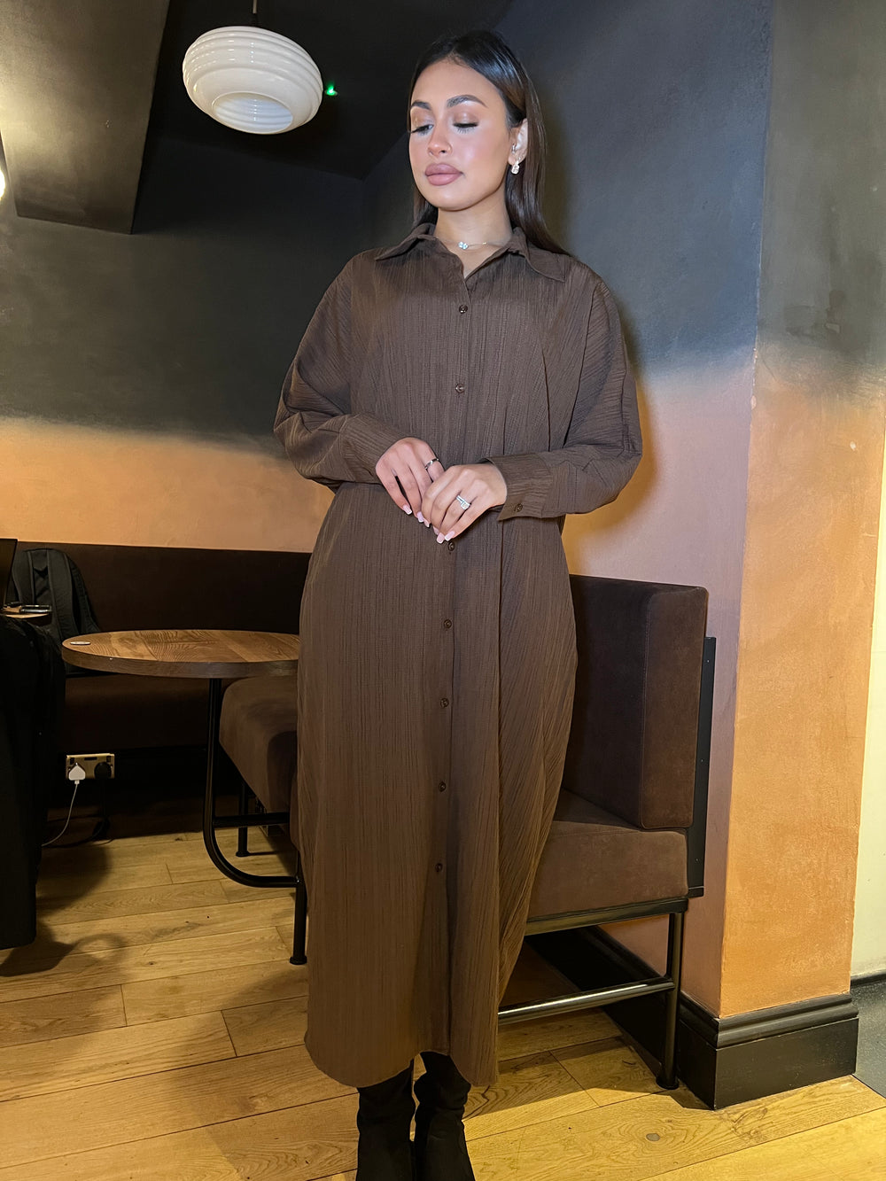 Riccia Oversized Long Sleeve  Brown Dress Shirt