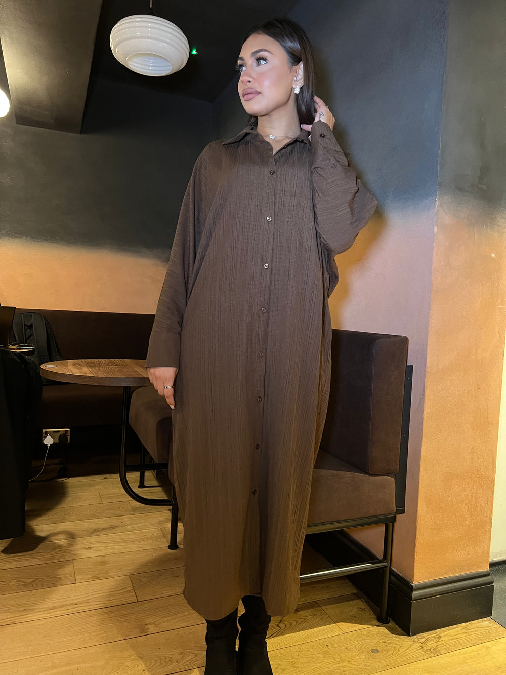 Riccia Oversized Long Sleeve  Brown Dress Shirt