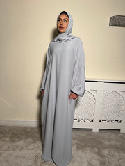 Light Grey Pockets Abaya With In Built Scarf
