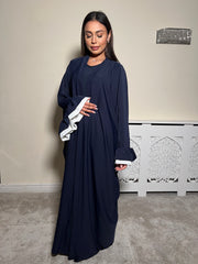 Navy Flower Cuff Open Abaya