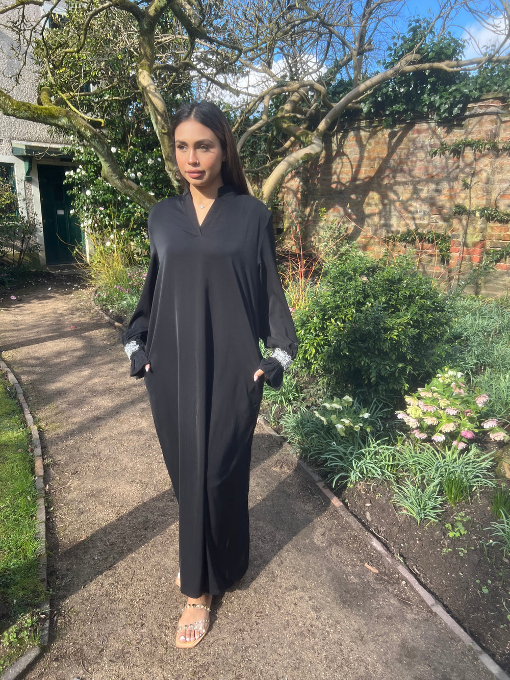 Black Embellished Abaya Dress with pockets