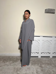 Grey Pockets Abaya With In Built Scarf