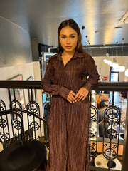 Persaro Brown Plisse long button dress