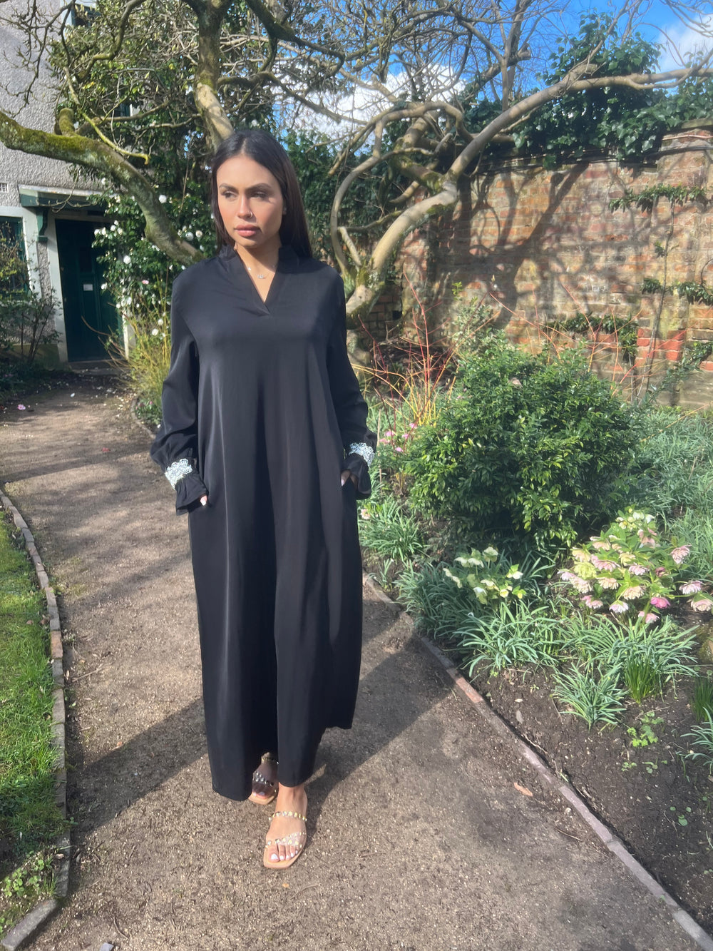 Black Embellished Abaya Dress with pockets