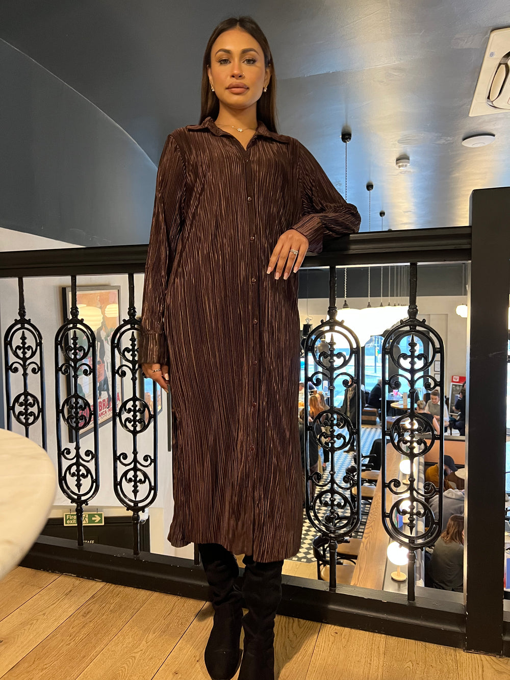 Persaro Brown Plisse long button dress