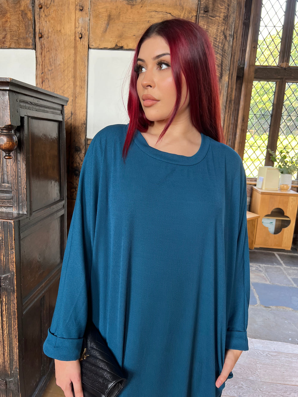 Teal Ribbed Dress with Pockets