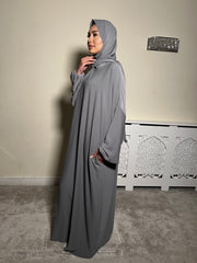 Grey Pockets Abaya With In Built Scarf