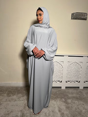 Light Grey Pockets Abaya With In Built Scarf