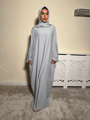 Light Grey Pockets Abaya With In Built Scarf