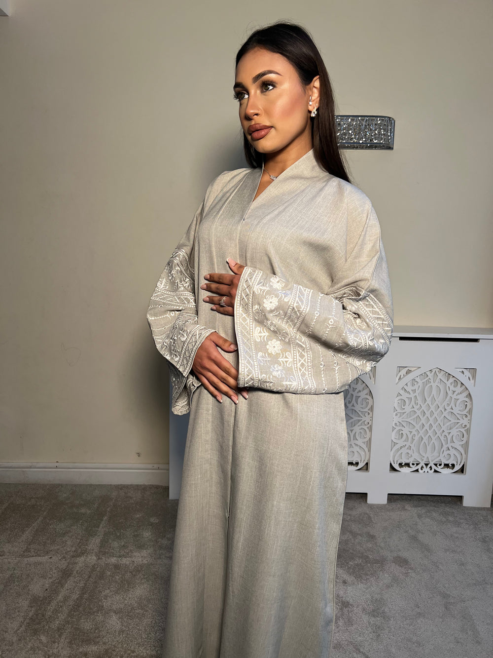 Beige Embroidered 2 piece Emirati Abaya-Nora