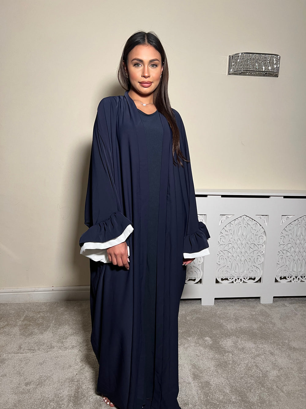 Navy Flower Cuff Open Abaya