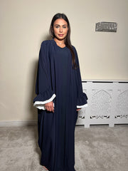 Navy Flower Cuff Open Abaya