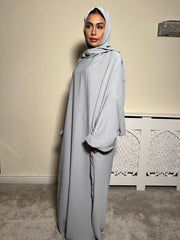 Light Grey Pockets Abaya With In Built Scarf