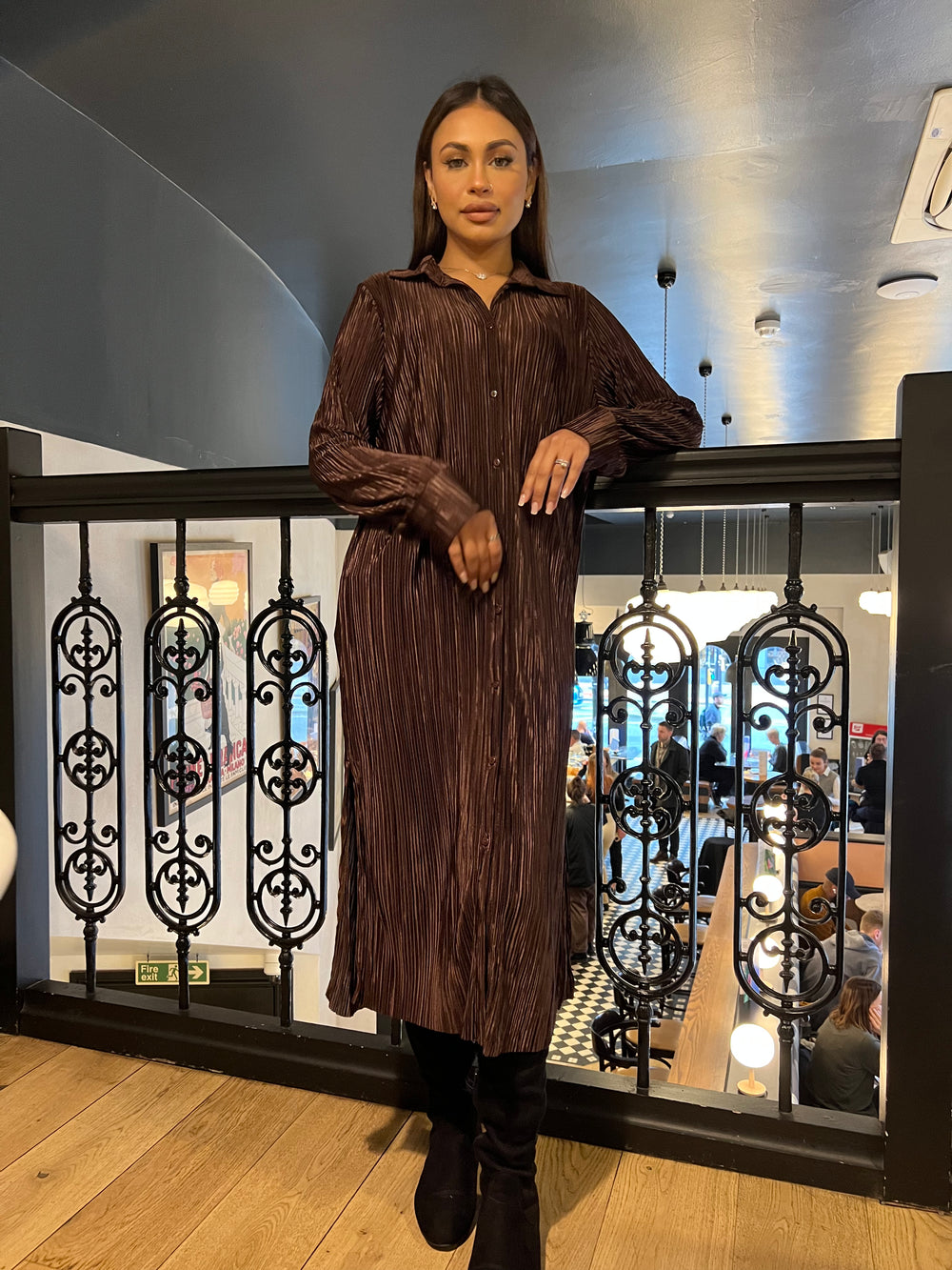 Persaro Brown Plisse long button dress