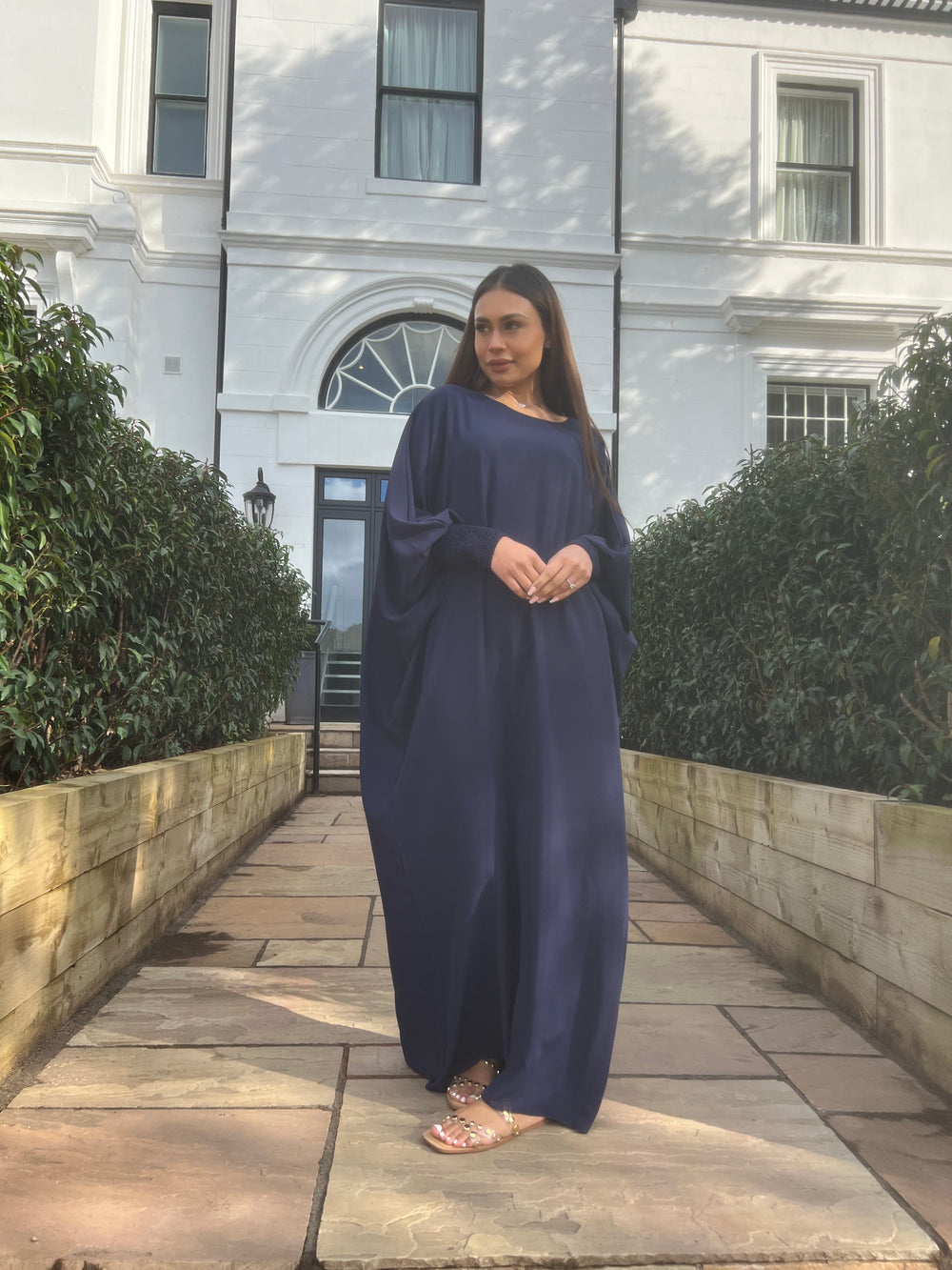 Navy Butterfly Abaya with ruched sleeves