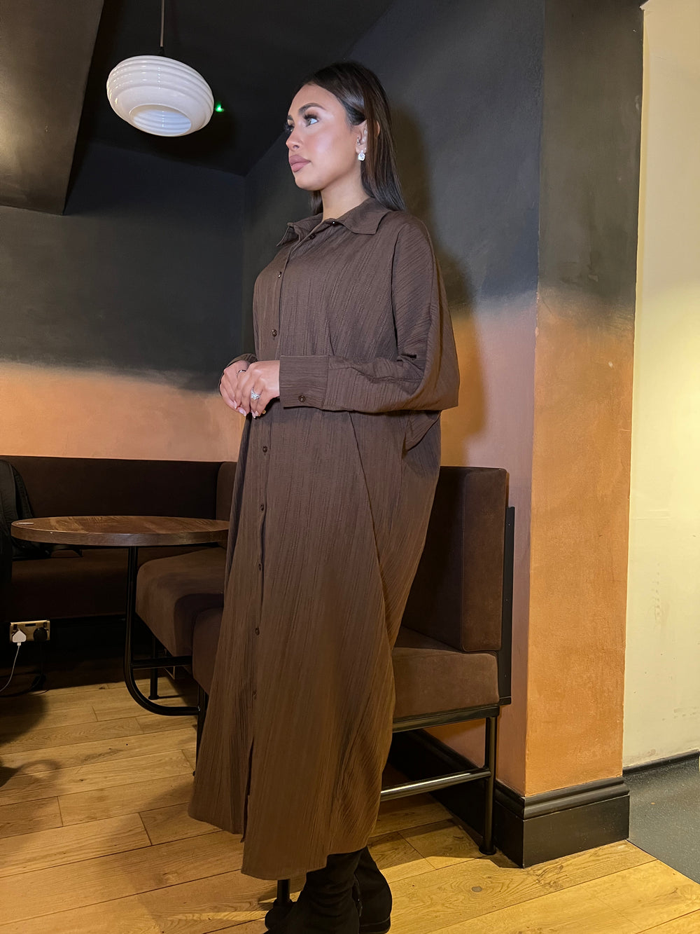 Riccia Oversized Long Sleeve  Brown Dress Shirt