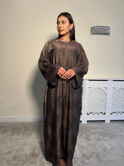 Printed brown 3 piece Emirati Abaya- Rawiyah