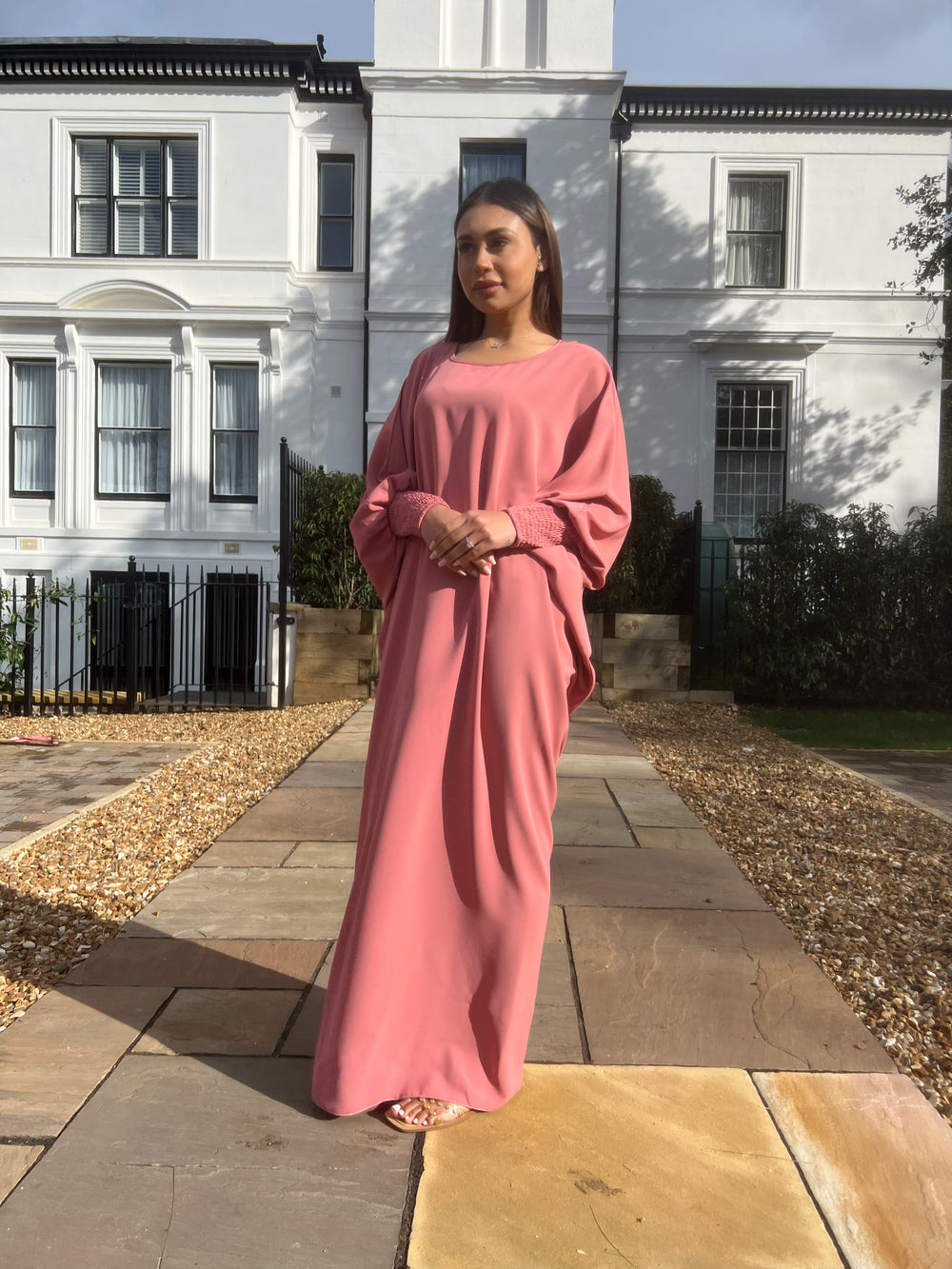 Butterfly Abaya with ruched sleeves Pink