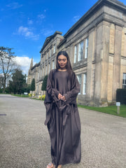Satin Butterfly Abaya with tie detail Chocolate Brown