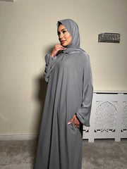 Grey Pockets Abaya With In Built Scarf