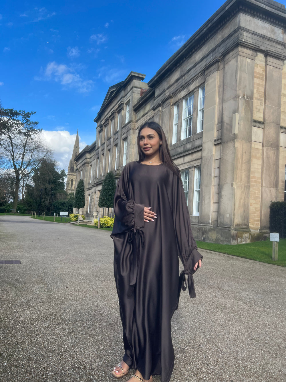 Satin Butterfly Abaya with tie detail Chocolate Brown