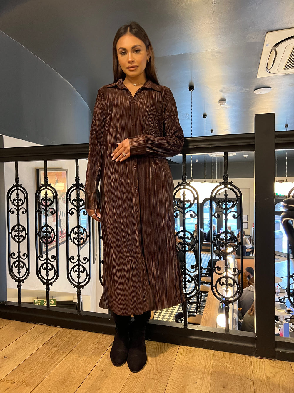 Persaro Brown Plisse long button dress