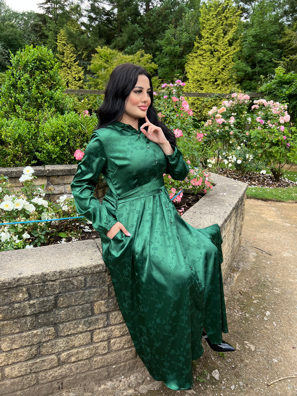 Botanical Two tone Green Maxi Dress With Pockets