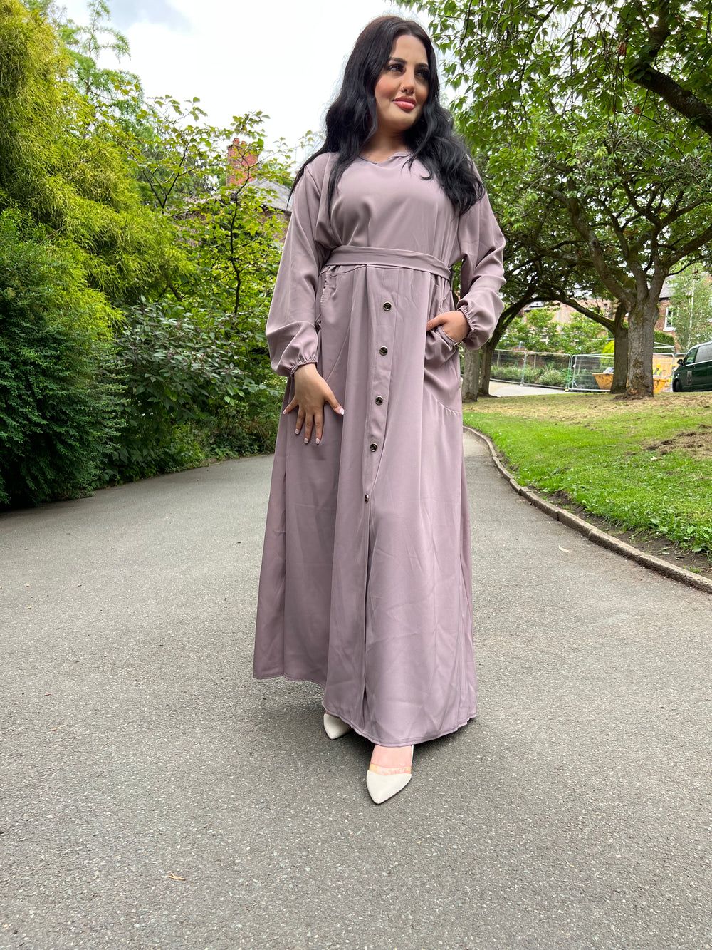 Mauve modest dress clearance