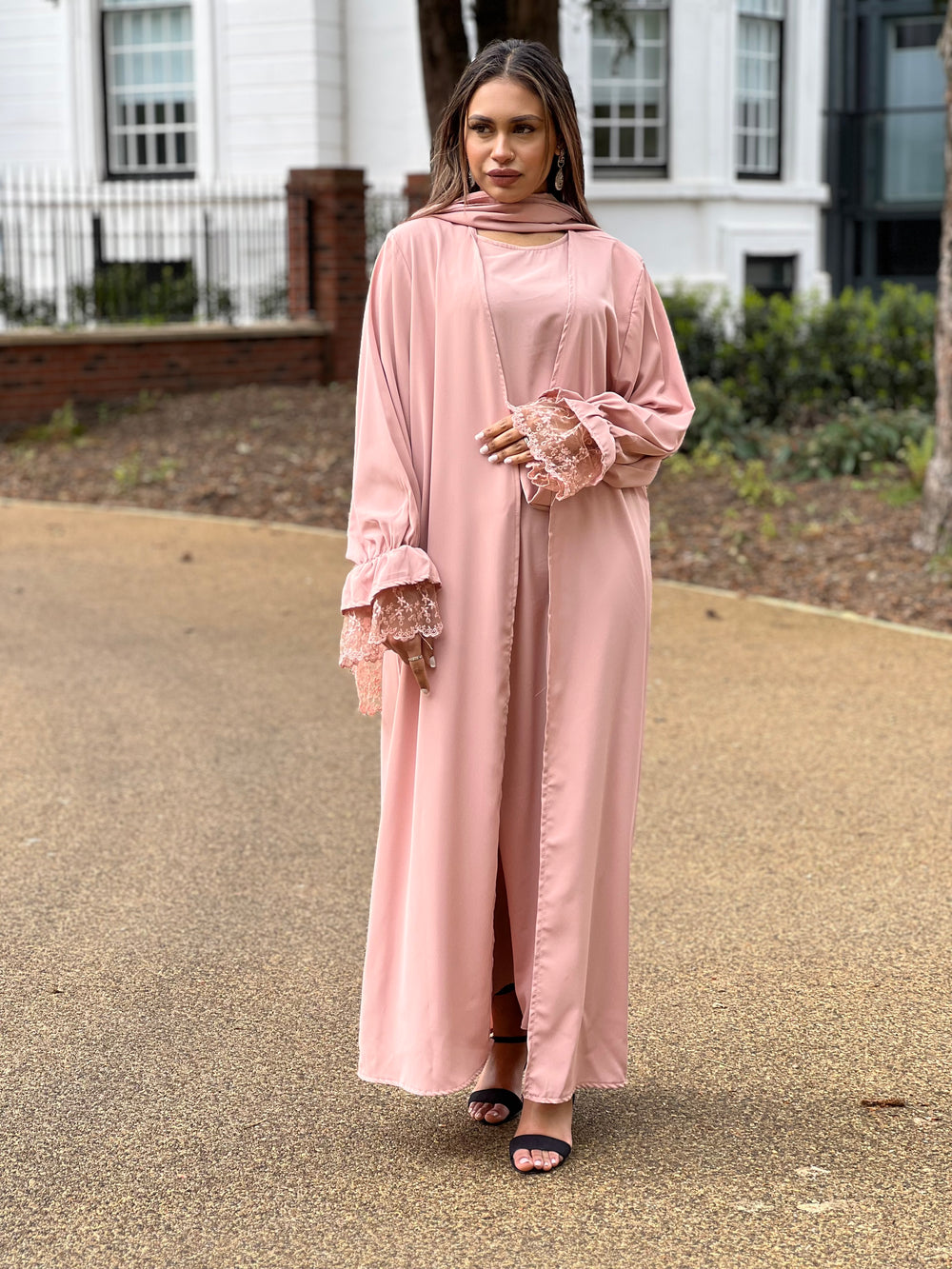 Lace Pink 3 Piece Abaya Set