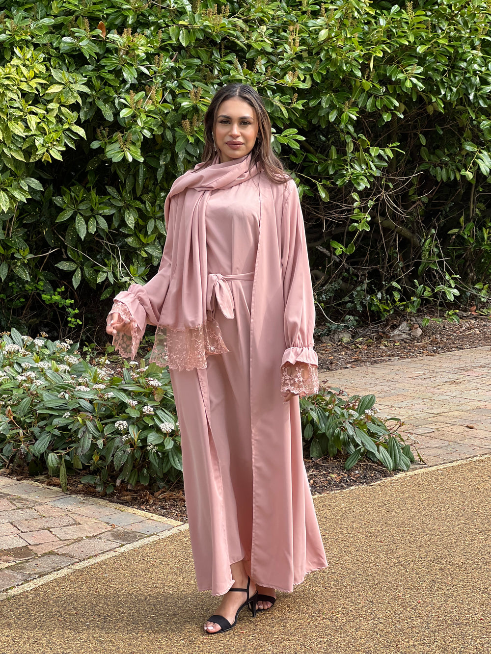 Lace Pink 3 Piece Abaya Set