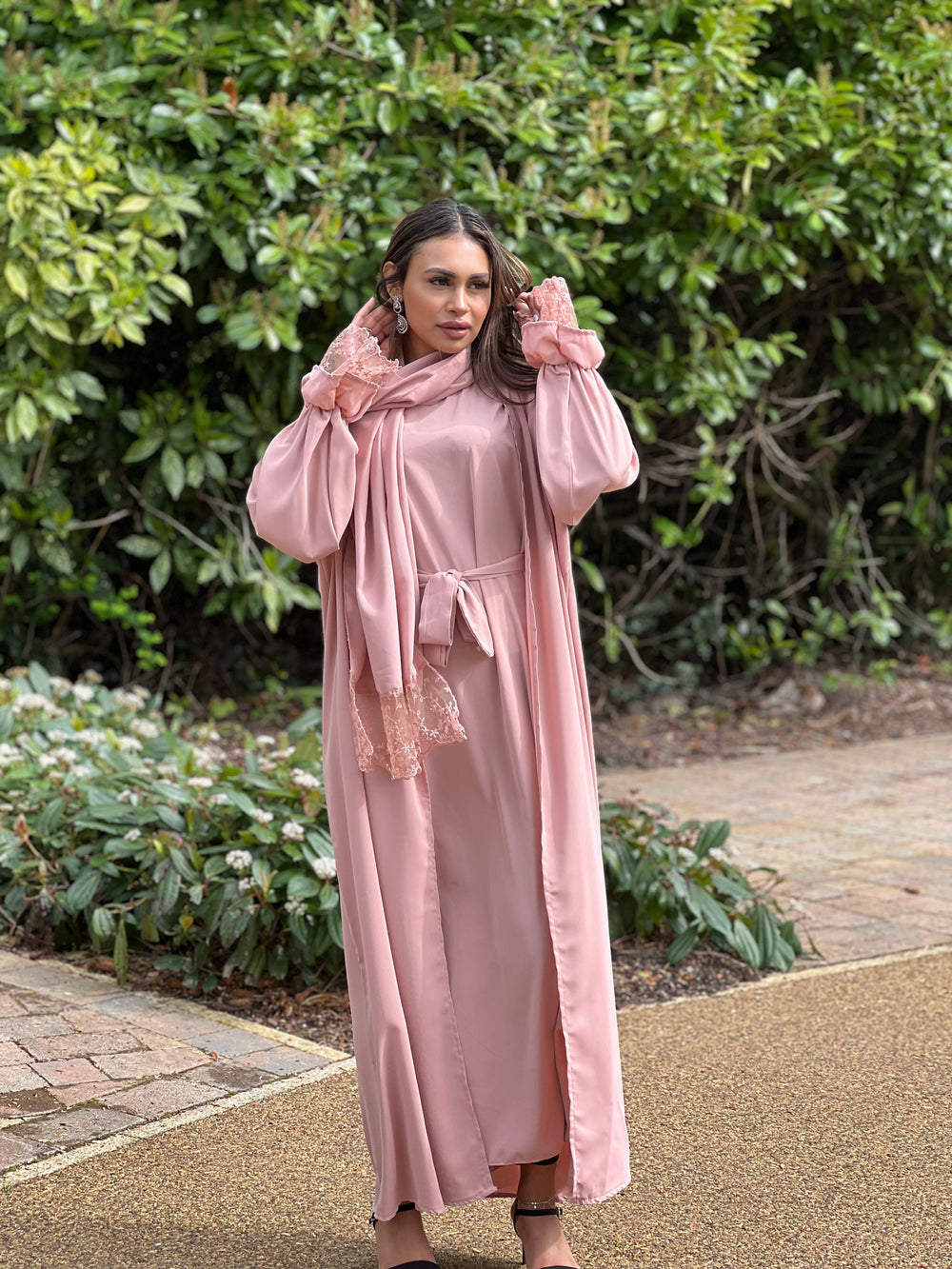 Lace Pink 3 Piece Abaya Set