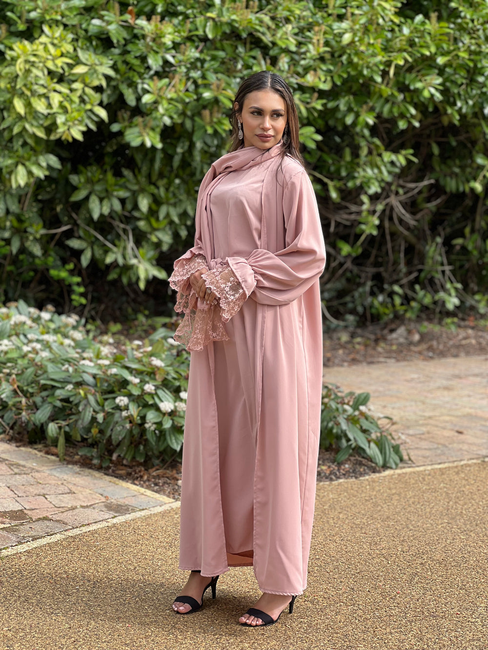 Lace Pink 3 Piece Abaya Set