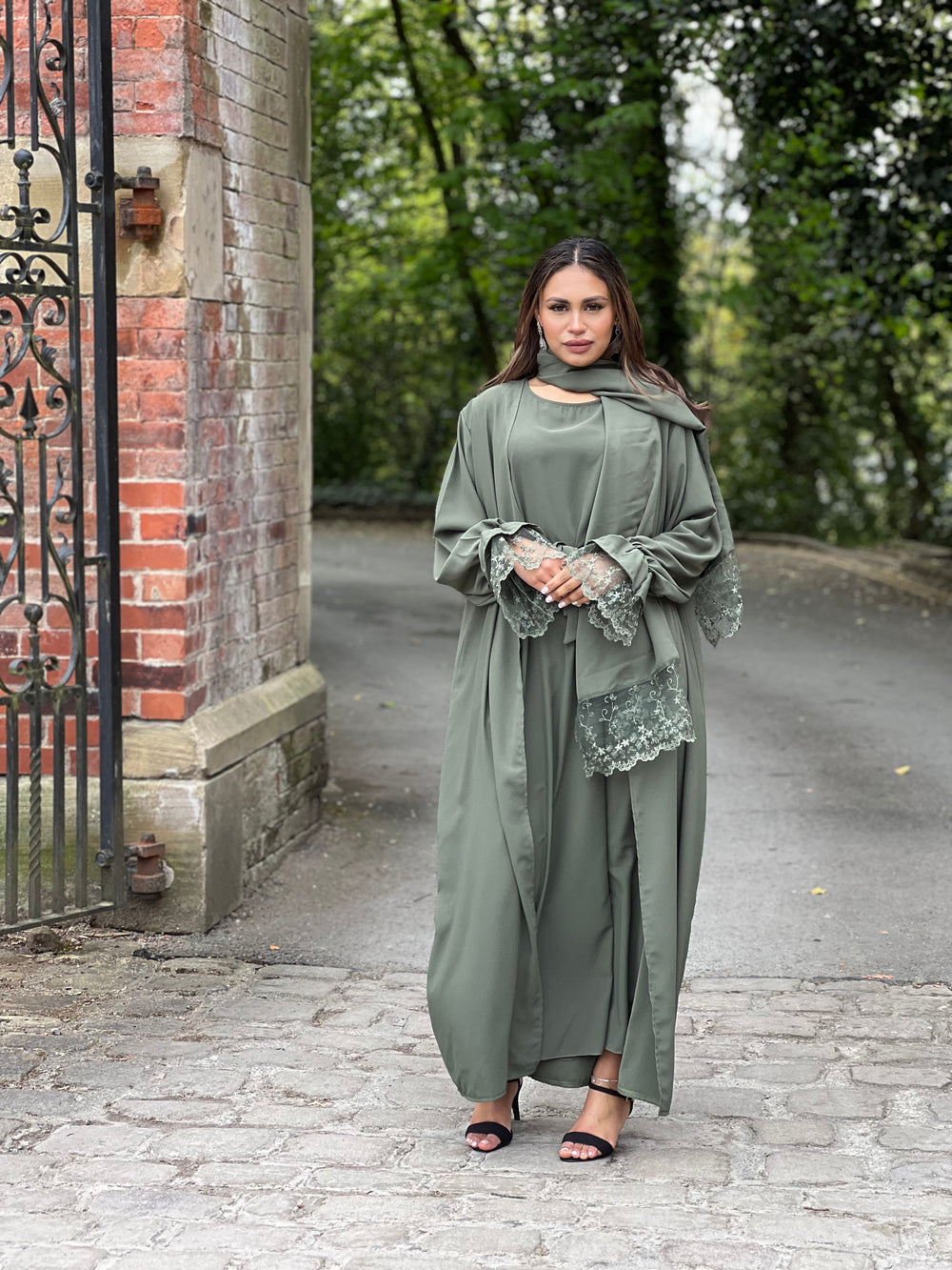 Lace Green 3 Piece Abaya Set