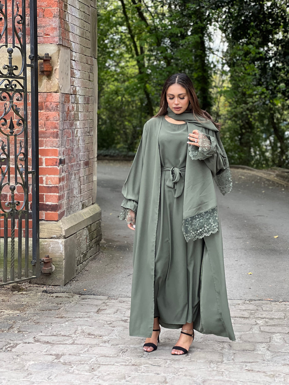 Lace Green 3 Piece Abaya Set