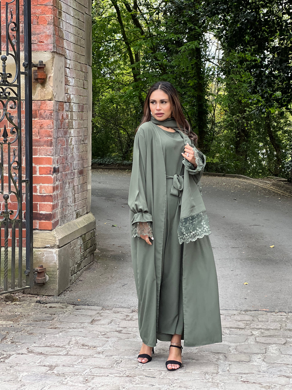 Lace Green 3 Piece Abaya Set