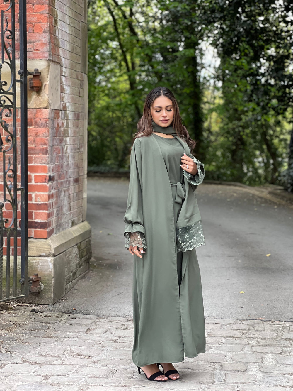 Lace Green 3 Piece Abaya Set