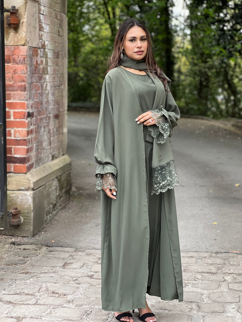 Lace Green 3 Piece Abaya Set