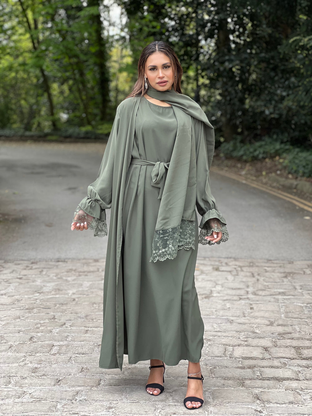 Lace Green 3 Piece Abaya Set