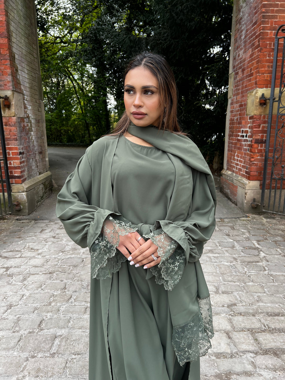 Lace Green 3 Piece Abaya Set
