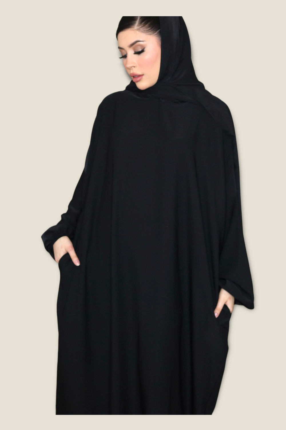 Black Pockets Abaya With In Built Scarf