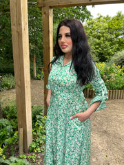 Botanical Green Print Maxi Dress With Pockets