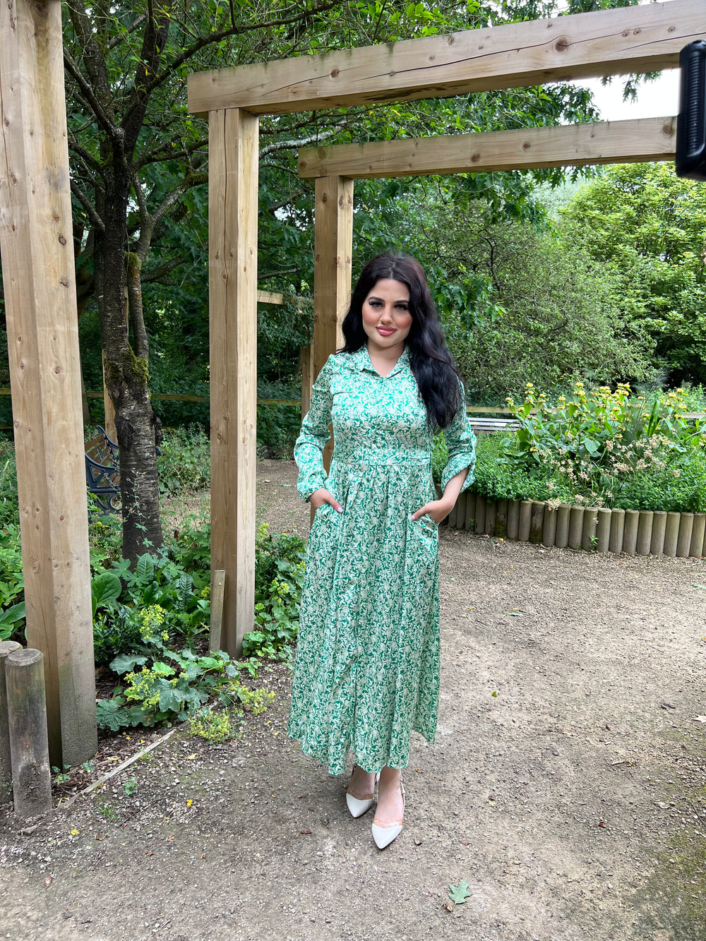 Botanical Green Print Maxi Dress With Pockets