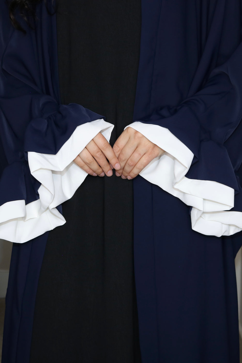 Navy Flower Cuff Open Abaya